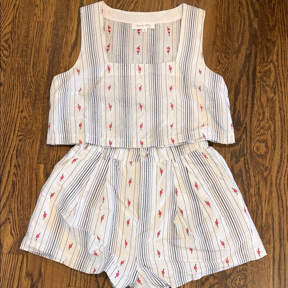 MABLE Striped Top with Red Floral Embroidery